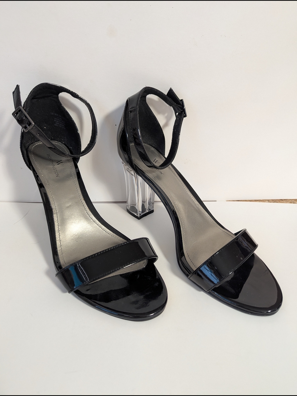 Worthington Black Patent Ankle-Strap Sandals with Clear Block Heel